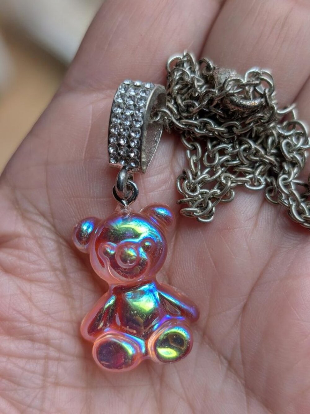 Cute Pink Iridescent Gummy Bear Resin Charm Pendant Necklace with a Large Clasp